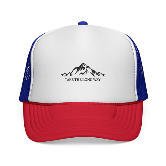 Take The Long Way Trucker Hat — Adventure Mountain Mesh Cap
